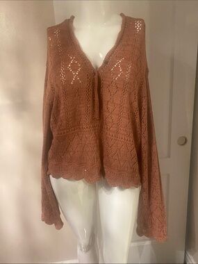 Free People Women’s Crochet Knit V-Neck Sweater Cardigan - Rust XL